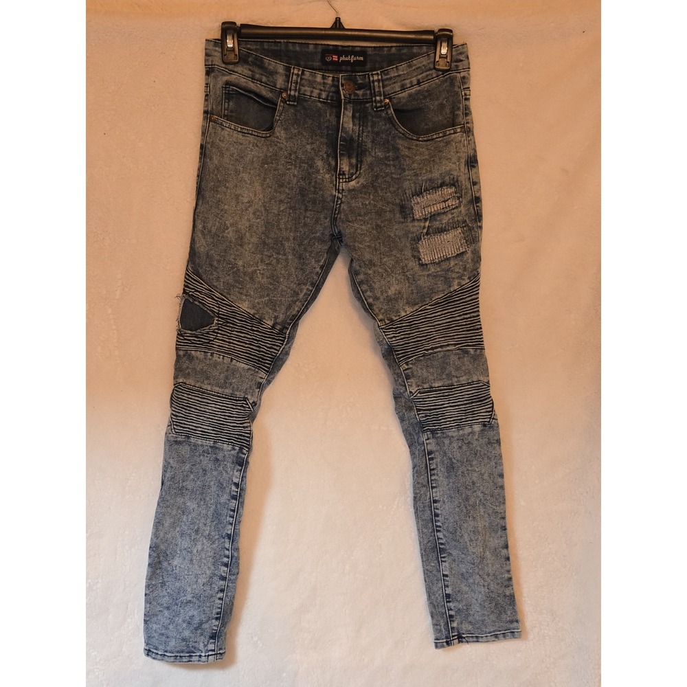 Phat Farm Mens 30x32L Denim Jeans Skinny Y2K Vintage Light‎ Wash Patches On Legs